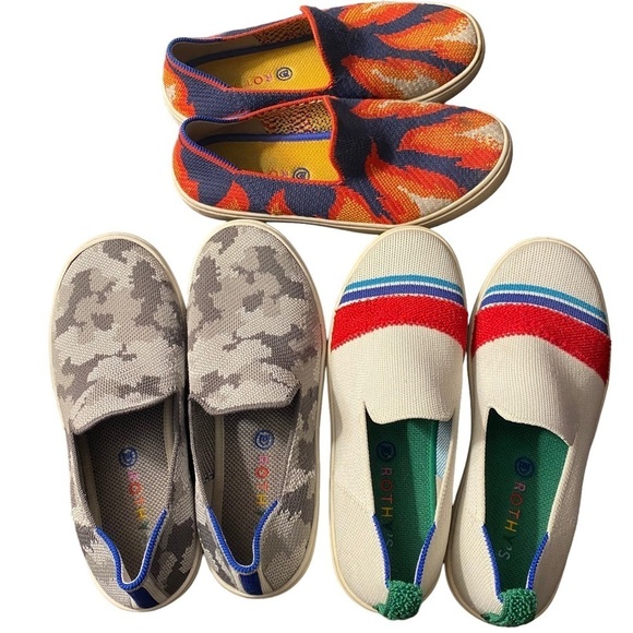 Bundle of kids’ Rothy’s slip on sneakers- gray camo, red stripe, and flame - Picture 1 of 10